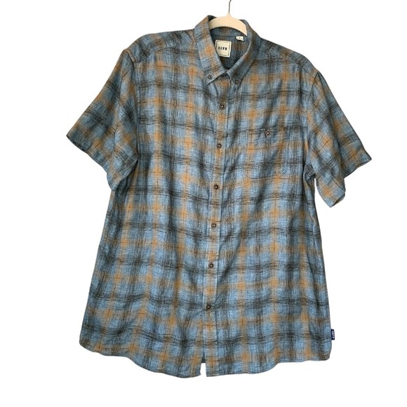 ROWM blue and‎ tan cotton blend plaid button down casual shirt. Size L - Picture 1 of 9